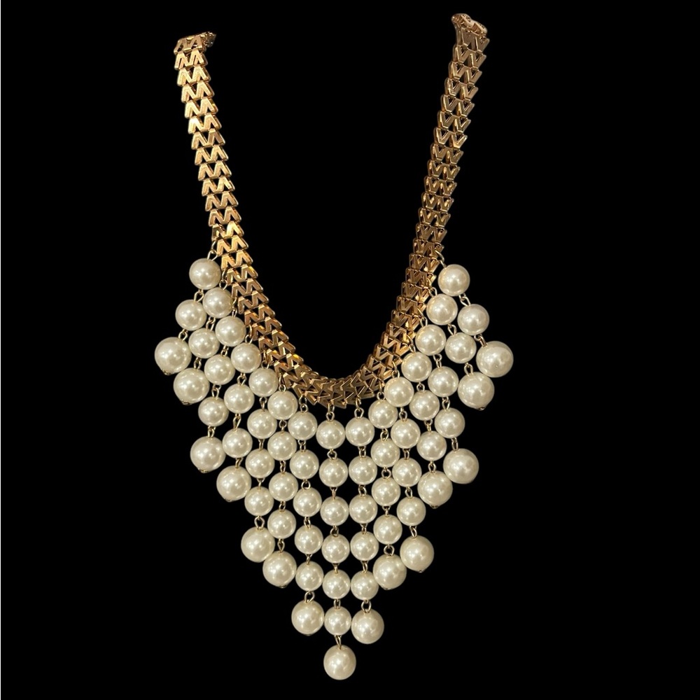 Gold Tone 2 Broke Girls Style Chevron Faux Pearl Choker Necklace